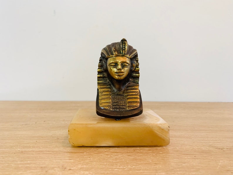 Vintage Brass Egyptian Pharaoh Sarcophagus Head Mask Mummy Case Statue image 2