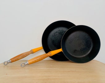 Vintage Mid Century Modern Yellow Enamelware Le Creuset Saute Pans Frying Pans #24 and #28 Made in France