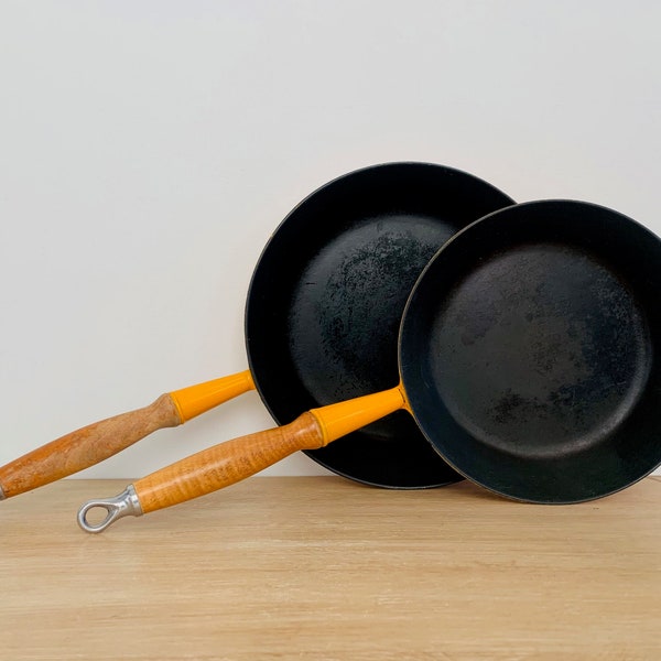 Vintage Mid Century Modern Yellow Enamelware Le Creuset Saute Pans Frying Pans #24 and #28 Made in France