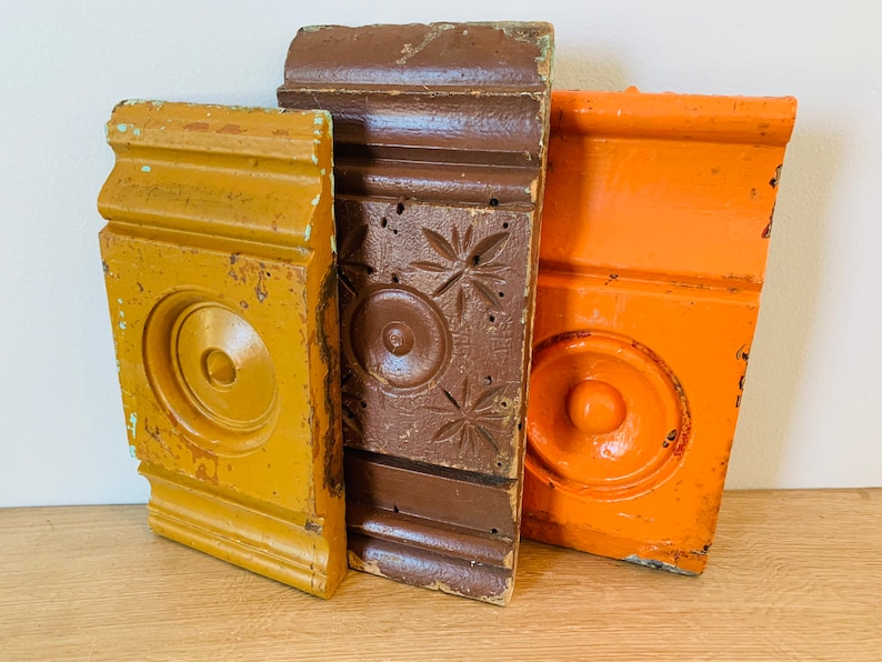 Vintage Architectural Salvage Plinth Block Door Trim Corner Block Skirting Block Lot of 3 Fall Colors image 3