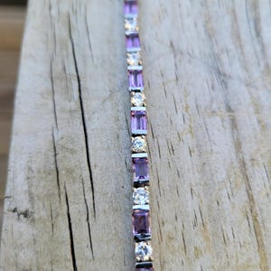 amethyst bracelet 7&quot; 1970&#39;s 10.5ct genuine natural SPARKLY semi bezel set baguette amethysts and  czs vintage sterling tennis bracelet