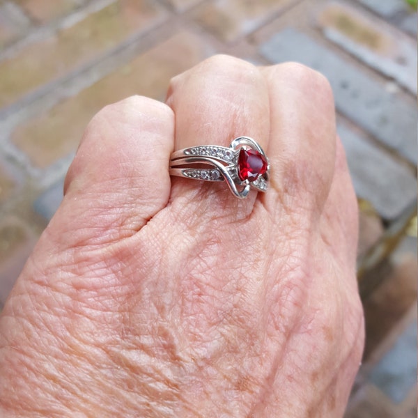 vintage ruby and white sapphire heart designer signed sterling ring