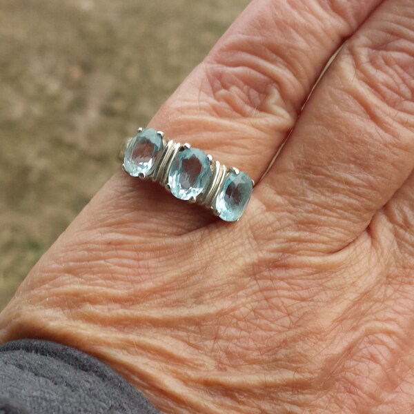 vintage 3ct genuine aquamarine designer signed sterling ring  and RE SIZING CHARGE a55777