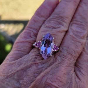 amethyst ring size 7 1970&#39;s 6ct genuine natural marquise ROSE DE FRANCE lavender amethyst with pink rubies estate vintage sterling ring