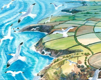 Flying High Above, greeting card. A flock of gulls soar above the coast.
