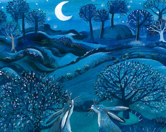 Gazing At the Moon greeting card. Two hares look up at a crescent moon in a starry sky.