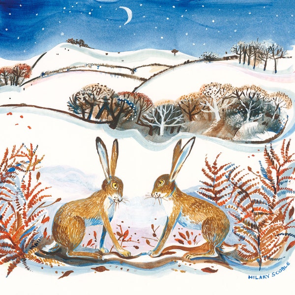 Hares In Winter greetings card
