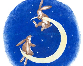 A Pair of Hares on the Moon... Sweet greeting card, blank inside for personal message.