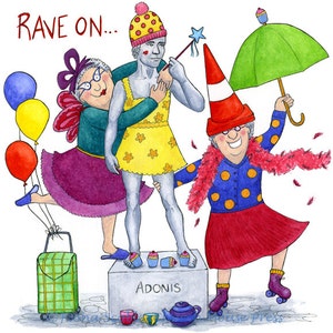 Cartão de aniversário RAVE ON Crazy Old Ladies, engraçado e colorido