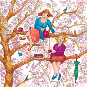 Wenskaart: Thee in een boom voor twee. Van een originele illustratie