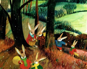 May include: A group of six rabbits in a snowy forest. The rabbits are wearing colorful clothing and carrying baskets and a drum. The forest is painted in shades of green, brown, and white.