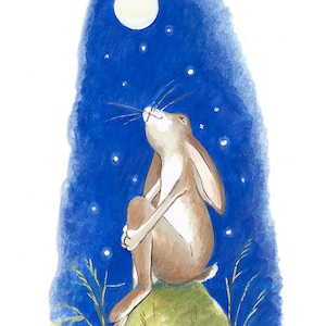 Observando la luna... Dulce tarjeta de liebre, interior en blanco para mensaje personal.