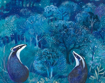 MOONLIT WALK, greeting card. Badgers looking at the night sky.