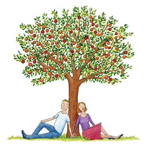 Puede incluir: Una ilustración de acuarela de una pareja sentada bajo un gran manzano con hojas verdes y manzanas naranjas. El hombre lleva una camisa azul y la mujer lleva una camisa morada y una falda rosa.