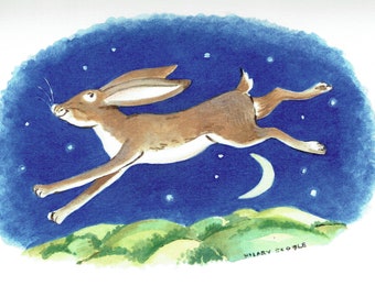 Over the Moon... Sweet hare notecard, blank inside for personal message.