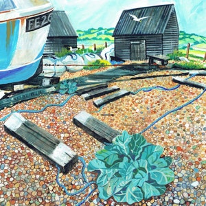 Sea Kale en Hythe Beach tarjeta de felicitación una evocadora imagen de playa de pescadores con guijarros y col rizada marina