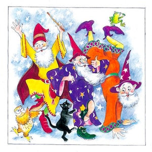 CARTÃO DE FELICITAÇÕES: Divirta-se com o mago. De uma ilustração original de Hilary Scoble.