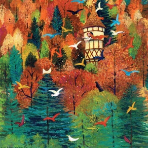 Cartão de felicitações Forest Feathered Friends: Uma princesa cumprimenta seus pássaros em uma floresta encantada de outono de sua torre de castelo de fantasia.