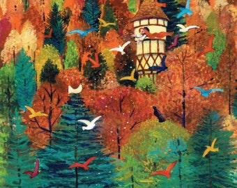 Forest Feathered Friends  greeting card: A princess greets her birds in an enchanted Autumn wood from her fantasy castle tower.