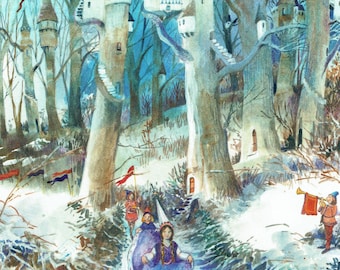 May include: A watercolor painting of a princess in a blue dress and white crown walking through a snowy forest with tall, white towers in the background. The princess is followed by three people carrying flags.