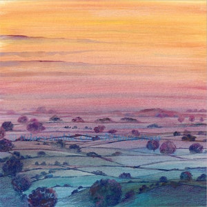 Amanecer sobre el valle, tarjeta de felicitación ilustrada