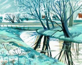 Winter on the Marsh, greeting card, note card. Winter scene over Romney Marsh