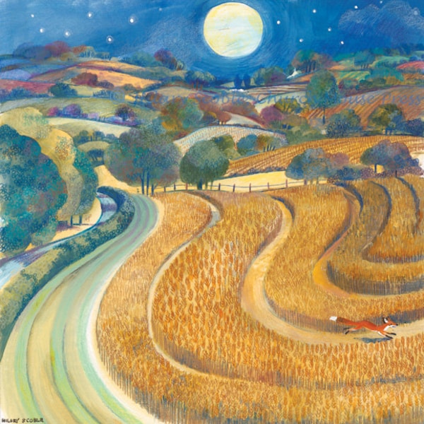 HARVEST MOON, greeting card, note card. Dark blue sky over fox and corn fields