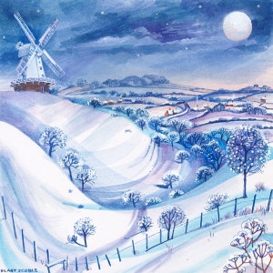 O Moinho e a Lua. Uma cena pacífica ao luar de campos nevados, um cartão maravilhoso para o inverno.