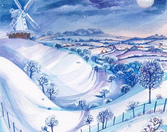 The Mill and the Moon. A peaceful moonlit scene of snowy fields, a wonderful card for winter.