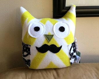 Mr Mustache Owl Plushie- Plush Mustache Owl- Yellow-Black-White Plush Owl- small mustache plush owl- hip small plush owl - Mustache owl