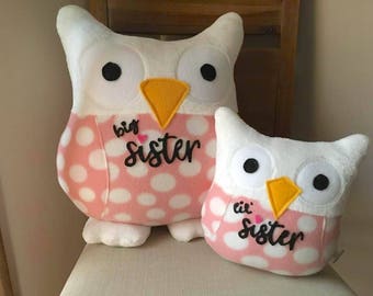 Plush Big Sister/Lil' Sister Owl Set- Large Owl pillow and Small Owl Plushie Included- Can Be Personalized with names-Pink and White