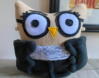 RBG Plush Owl- Ruth Bader Ginsburg plush Owl- Our Shero- Representation Of RBG Plush Owl- lace collar- Black Robe-With Our SHERO on the back