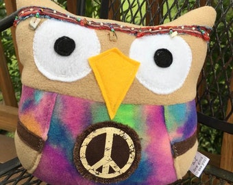 Hippie Plush Owl- Adorable stuffed hippie owl- headband and peace sign- Hippie Plush owl wearing tie dye t-shirt