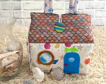 Fabric Beach dollhouse- with wooden family of 4- Carry-along beach cottage-portable fabric beach dollhouse- portable house- with wood family