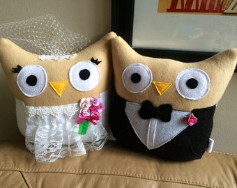 Bride and Groom Owl Plushies- Owl Bride and Groom Plushies- Wedding gift owls- set of two- set of two owl plush- made from real wedding gown