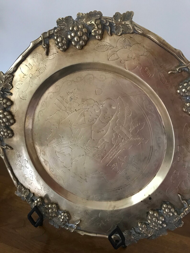 Large Vintage Brass Plate Round Brass Charger Heavy Etsy