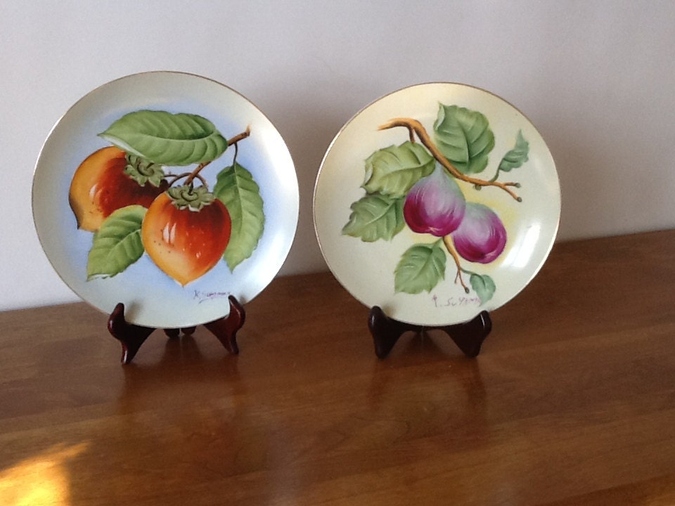 Pair of Ceramic Handpainted Plates Fruit Designs Collectible Etsy