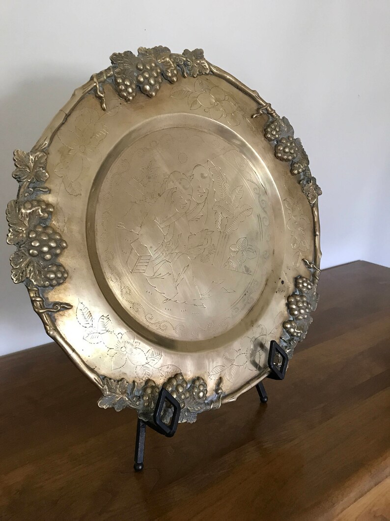 Large Vintage Brass Plate Round Brass Charger Heavy Etsy