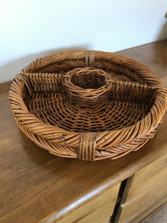 Vintage Handwrapped Wicker Divided Tray Woven Divided Basket Center