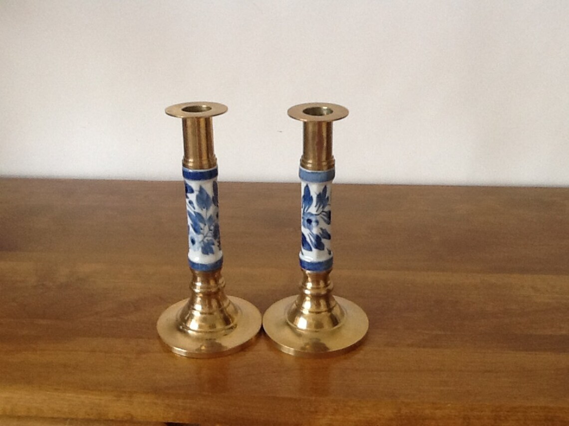 Pair of Brass and Porcelain Candlesticks Blue and White Etsy