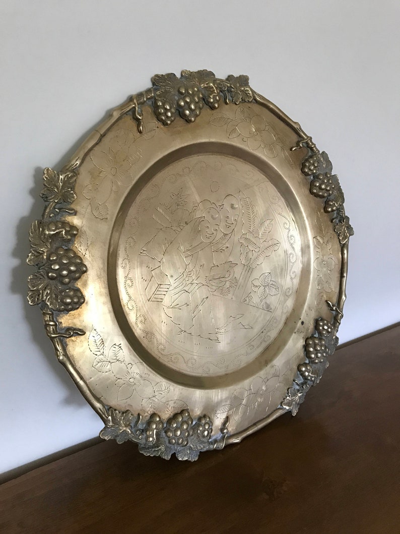 Large Vintage Brass Plate Round Brass Charger Heavy Etsy