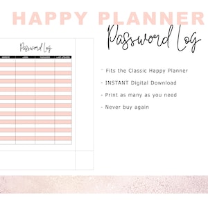 Classic HAPPY PLANNER Insert Password Log - Printable | Instant Download