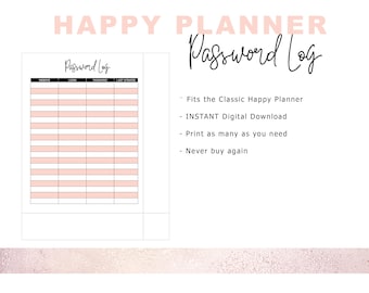 Classic HAPPY PLANNER Insert Password Log - Printable | Instant Download