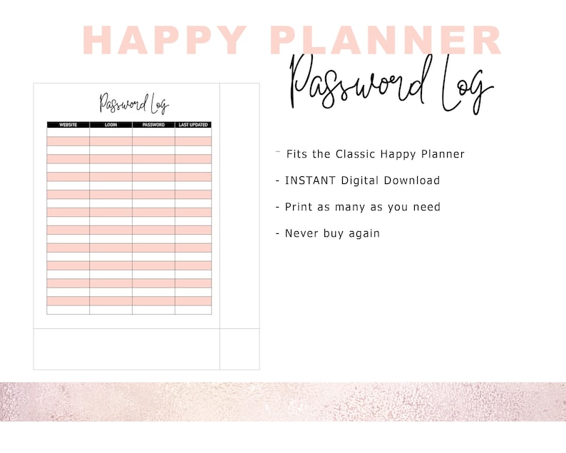 Classic HAPPY PLANNER Insert Password Log - Printable | Instant ...