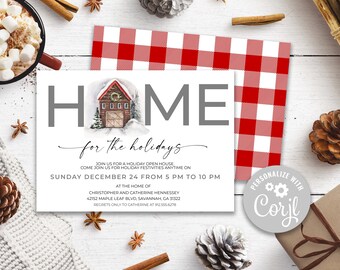 Haus für die Feiertage Weihnachtsfeiereinladung, Open House Weihnachtseinladung, bearbeitbare Weihnachtseinladung, druckbare Einladung, Corjl