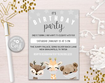 Animals in Masks Birthday Invitation, Editable Kid's Birthday Invite, Animal Invitation, Corjl template, covid birthday, mask party