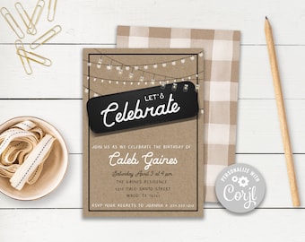 Invitation d'anniversaire de ferme modifiable, anniversaire vintage de l'homme, invitation rustique, invitation d'anniversaire masculine, modèle Corjl imprimable