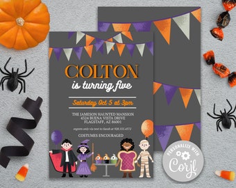 Invitation de fête d'anniversaire d'Halloween, anniversaire d'Halloween pour enfants, fête d'Halloween pour enfants, invitation d'Halloween modifiable, modèle Corjl,
