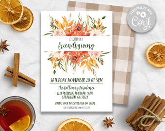 Fall Floral Friendsgiving Invitation, Farmhouse Thanksgiving Invite, Rustic Thanksgiving Invitation, Editable Printable Invitation, Corjl