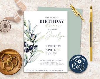 Invitation d'anniversaire d'aquarelle de branche d'olivier italienne, invitation imprimable de branche d'olivier, modèle de Corjl, invitation élégante d'aquarelle